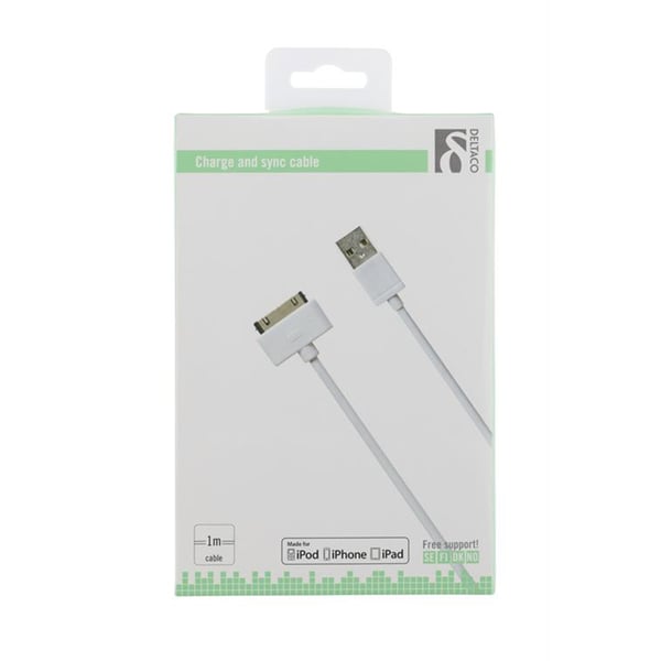 DELTACO USB till Apple 30-Pin, synk-/laddarkabel, 1m, vit