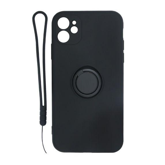iPhone 11 Soft Liquid Silicone Case With Magnetic Ring Holder Stand and Slim Hands Strap Best Quality Black