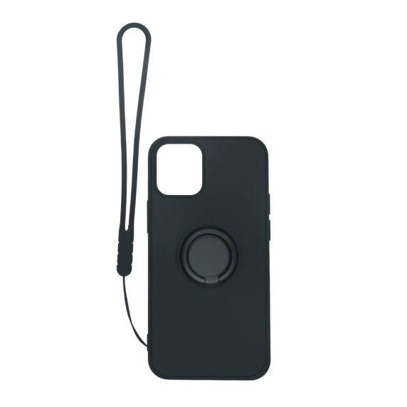 Apple iPhone 12/12 Pro Soft Liquid Silicone Case Black with Magnetic Ring Holder Stand and Slim Hands Strap High Quality Apple iPhone 12/12 Pro Soft Liquid Silicone Case Black with Magnetic Ring Holder Stand and Slim Hands Strap High Quality