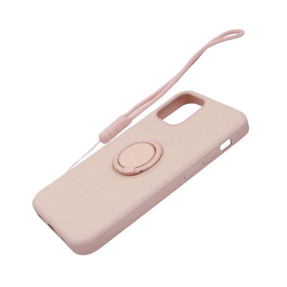Apple iPhone 12/12 Pro Soft Liquid Silicone Case Pink with Magnetic Ring Holder Stand and Slim Hands Strap High Quality