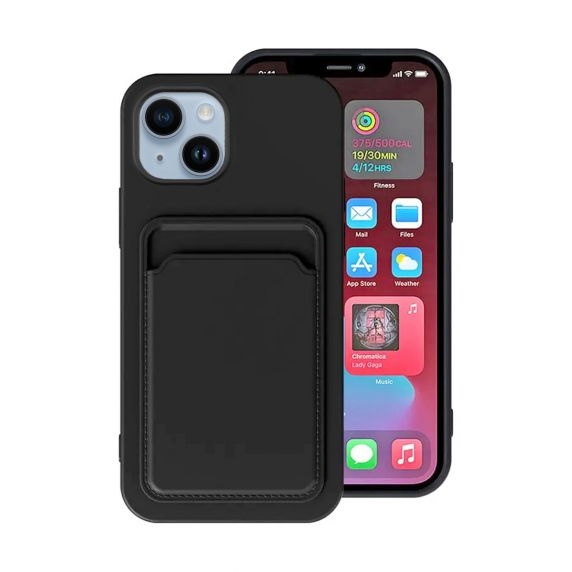iPhone 15 Mobilskal Silikon med Korthållare - Svart