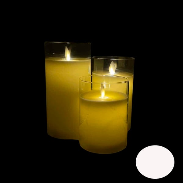 LED lys i glass - 3 stk. - 12/15/17 cm - m/3D flamme - (flere farger)