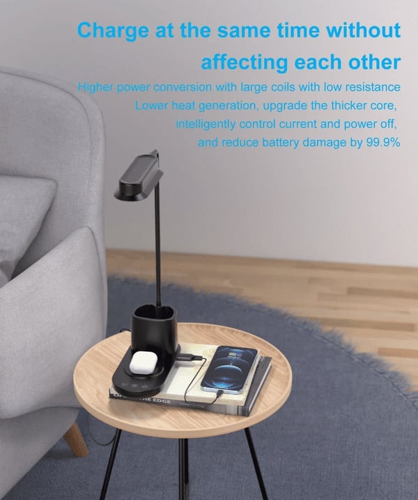 LED-Bordlampe m/dimmer og trådløs lader til smarttelefoner (3-i-1)