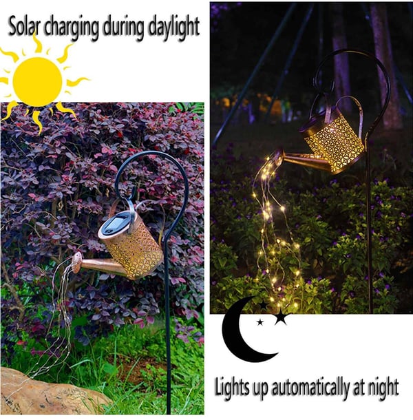 Solcelledrevet vannkanne og LED-lampe til hagen