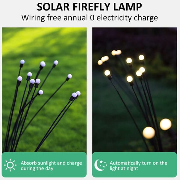 Ildflue hagebelysning (2-pakning) – Solcellelamper med spyd, 70 cm, 6 LED