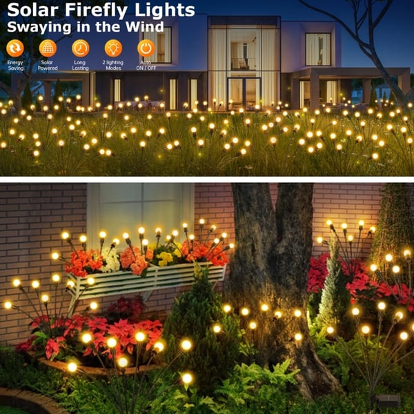 Ildflue hagebelysning (2-pakning) – Solcellelamper med spyd, 70 cm, 6 LED