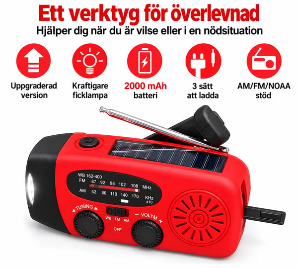 Nödradio FM/AM med inbyggda solceller, ficklampa, powerbank och handvev