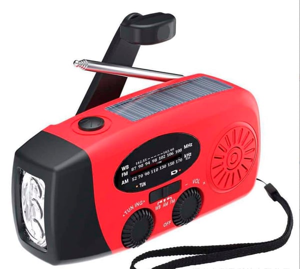 Nødradio FM/AM m/indbygget solceller, lygte, Powerbank & håndsving