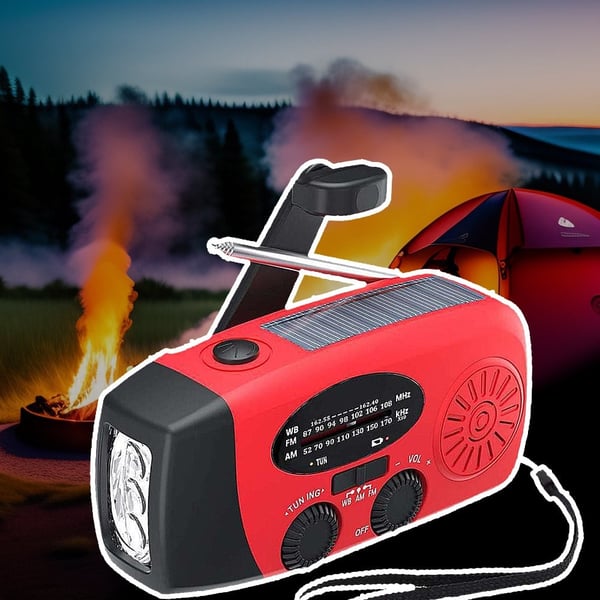 Nødradio FM/AM med innebygde solceller, lommelykt, powerbank og håndsveiv Nødradio FM/AM med innebygde solceller, lommelykt, powerbank og håndsveiv