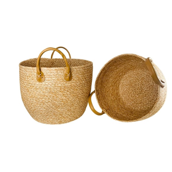 Flettede kurver 3 stk. i sjøgress med kunstlærhåndtak (diameter 31, 28 og 25 cm)