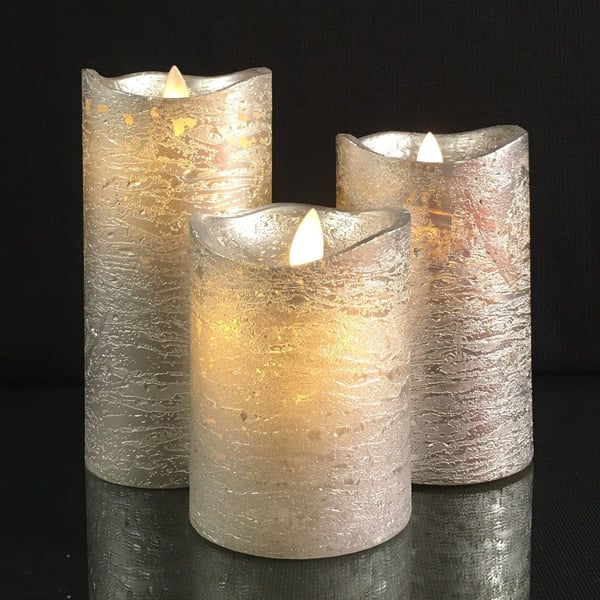 LED blokklys - 3 stk. - 12/15/17 cm - m/3D flamme - (Flere farger)