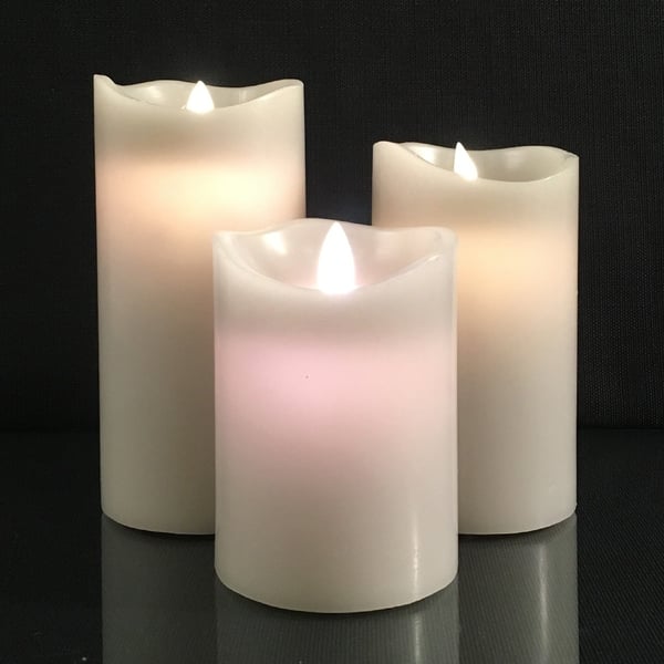 LED blokklys - 3 stk. - 12/15/17 cm - m/3D flamme - (Flere farger)