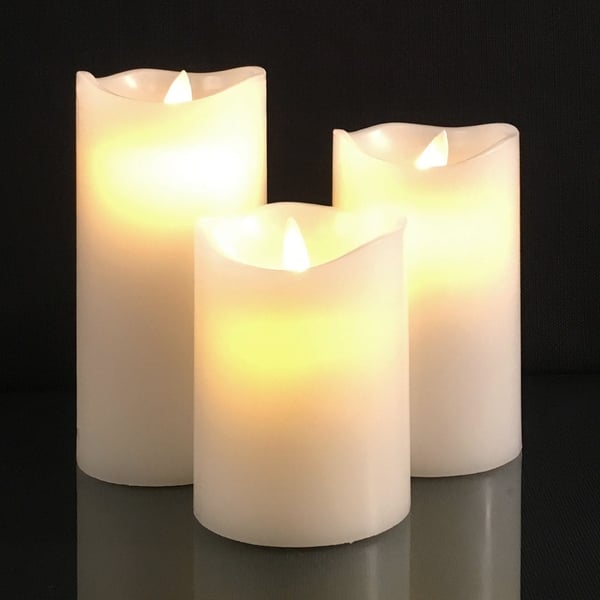LED blokklys - 3 stk. - 12/15/17 cm - m/3D flamme - (Flere farger)