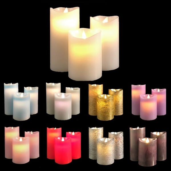 LED blokklys - 3 stk. - 12/15/17 cm - m/3D flamme - (Flere farger)