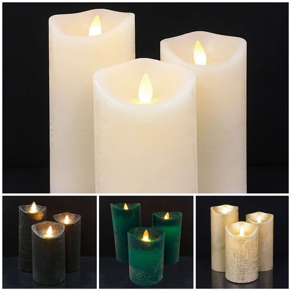 LED blokklys - rustikk - 3 stk. - 10/12,5/15 cm - m/3D-flamme - (flere farger)