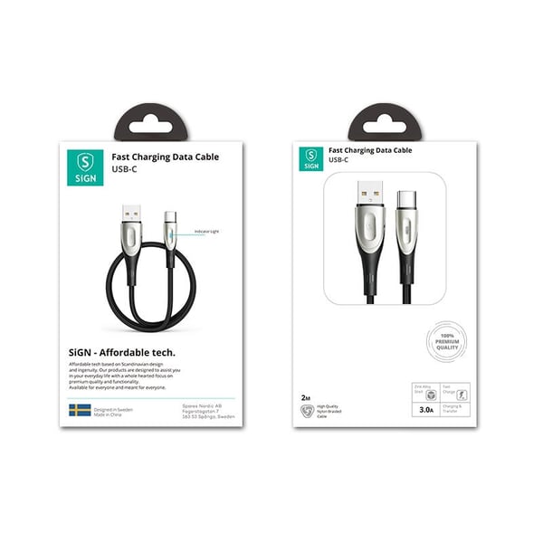 SiGN USB - USB-C -kaapeli, 2 m, 3 A - Musta