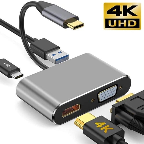 Adapter 4-i-1 USB-C til HDMI VGA 4K, PD - Sølv