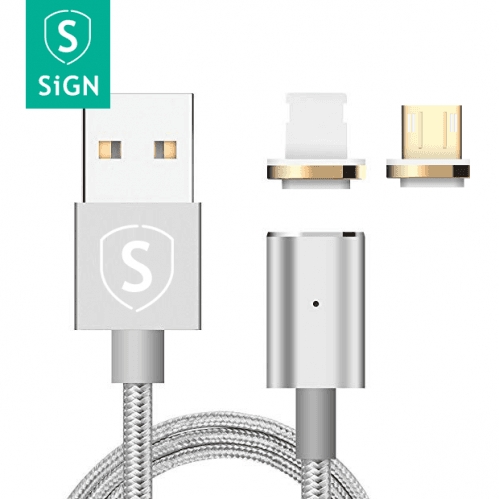 SiGN Magneettikaapeli 2-in-1 Lightning & Micro-USB 2.4A 1 m - Hopea