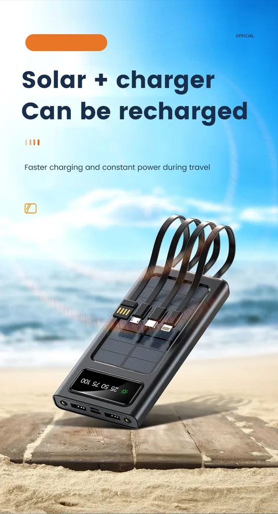 SiGN Solar Powerbank med Indbyggede Kabler, 20000mAh - Sort