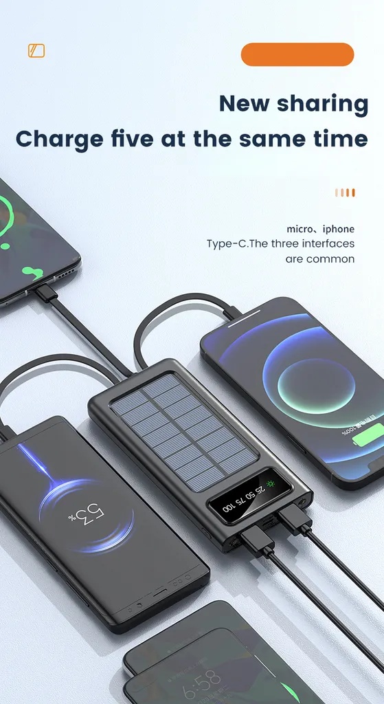 SiGN Solar Powerbank med Indbyggede Kabler, 20000mAh - Sort