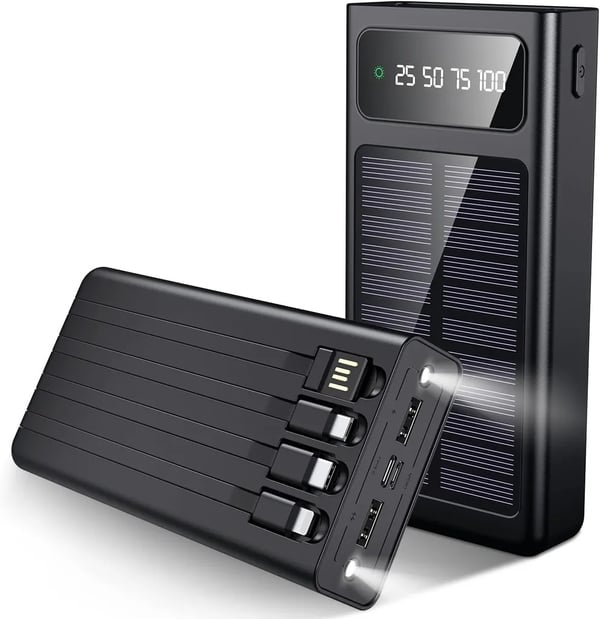 SiGN Solar Powerbank med Indbyggede Kabler, 20000mAh - Sort