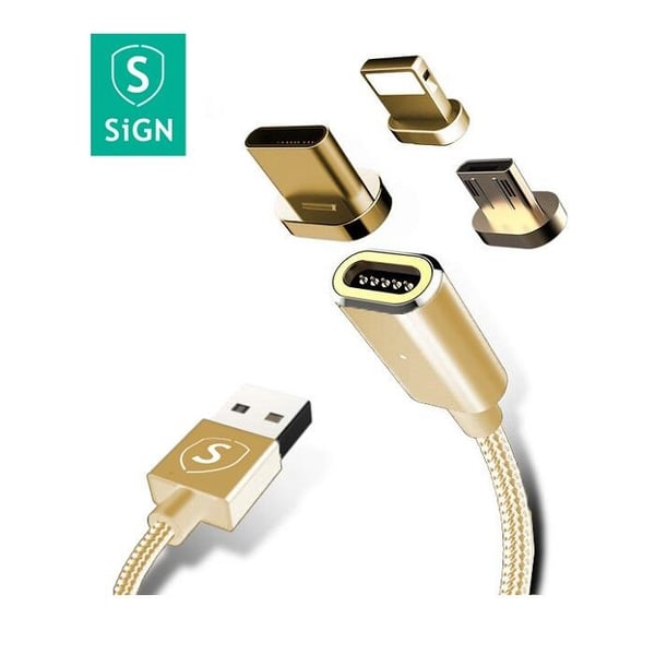 SiGN Magnetkabel 3-i-1 USB-C, Lightning & Micro-USB 2.4A, 1 m - Guld