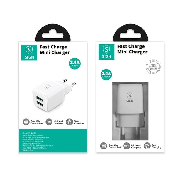SiGN Mini Hurtiglader Dual USB, 2.4A - Hvid
