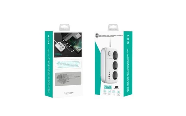 SiGN 65W GaN pikalataava jatkojohto 3-osainen/2x USB-A/2x USB-C, 2m - Valkoinen