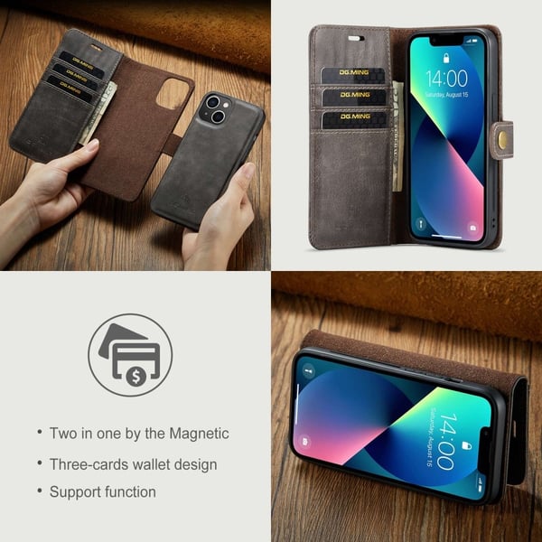 DG.MING 2-in-1 Magnet Wallet iPhone 14 Plus Brown