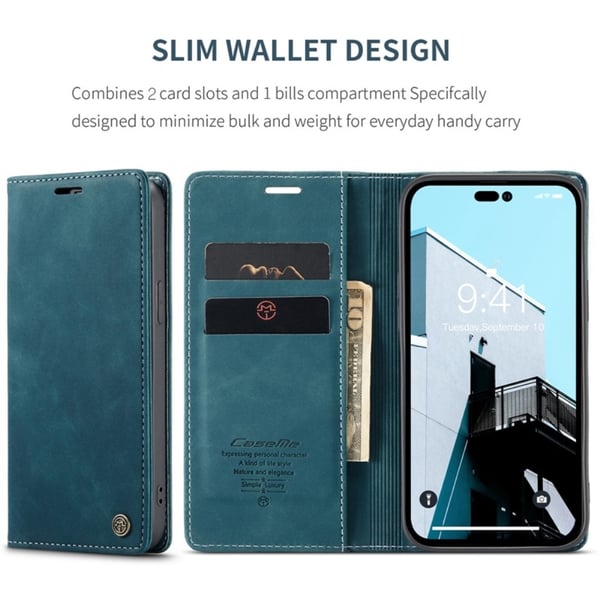 CaseMe Slim Plånboksfodral iPhone 14 Pro Blå