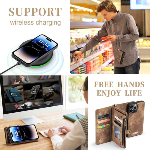 CaseMe Multi-Slot 2 i 1 Plånboksfodral iPhone 14 Pro Brun