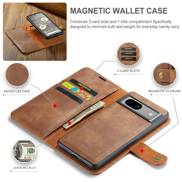 DG.MING 2-i-1 Magnetiskt Plånboksfodral Google Pixel 7a Cognac