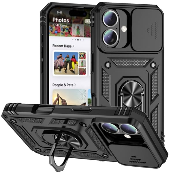 Hybridskal iPhone 16 Plus Ring + Kameraskydd Svart
