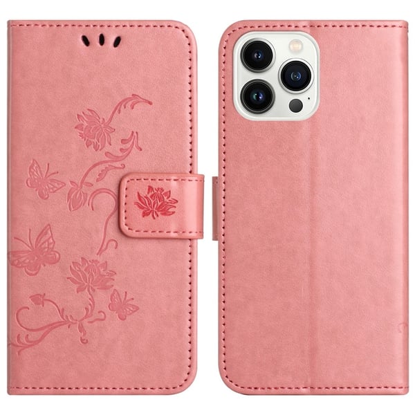 Läderfodral Fjärilar iPhone 16 Pro Rosa