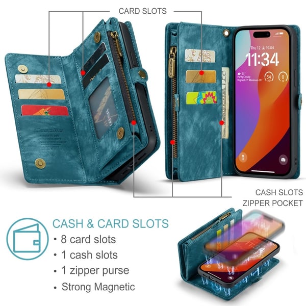 CaseMe Multi-Slot 2 i 1 Plånboksfodral iPhone 16 Pro Max Blå
