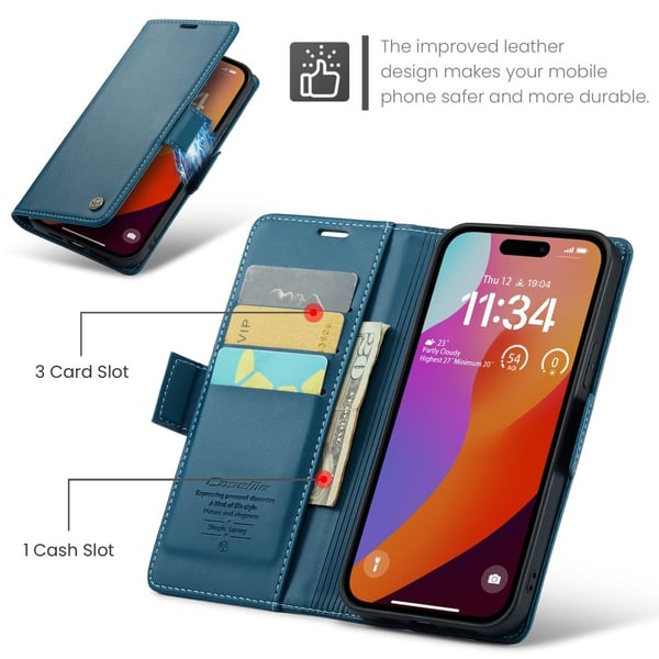 CaseMe Slim Plånboksfodral RFID-skydd iPhone 16 Pro Blå