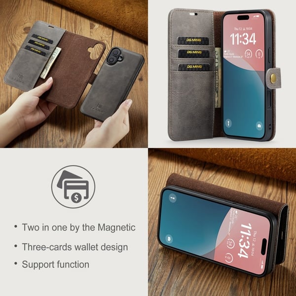 DG.MING 2-in-1 Magnet Wallet iPhone 16 Plus Brown