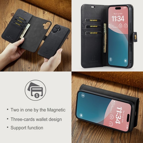 DG.MING 2-i-1 Magnetiskt Plånboksfodral iPhone 16 Plus Svart