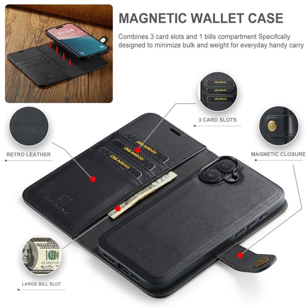 DG.MING 2-i-1 Magnetiskt Plånboksfodral iPhone 16 Plus Svart