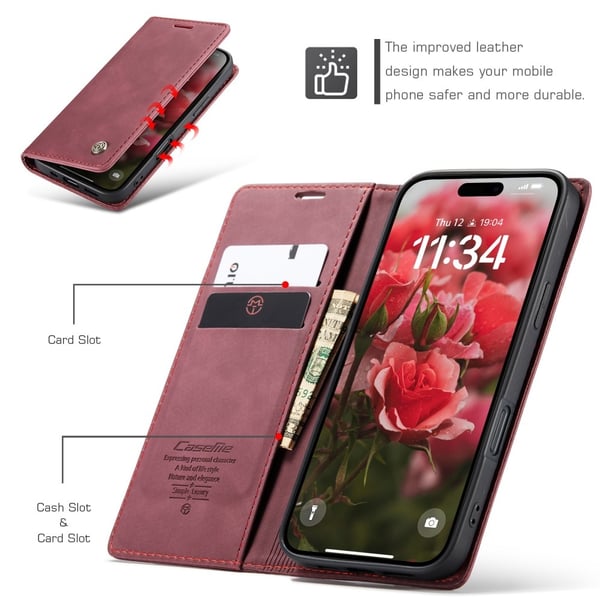 CaseMe Slim Plånboksfodral iPhone 16 Plus Röd