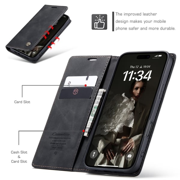 CaseMe Slim Plånboksfodral iPhone 16 Plus Svart