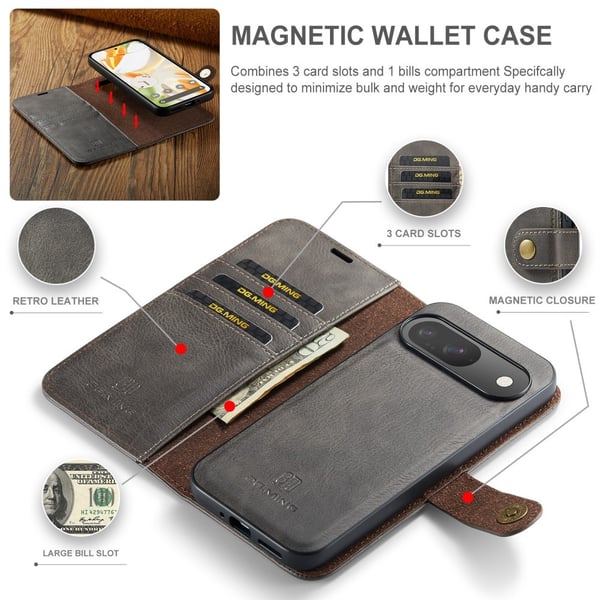 DG.MING 2-in-1 Magnet Wallet Google Pixel 9 Pro Brown
