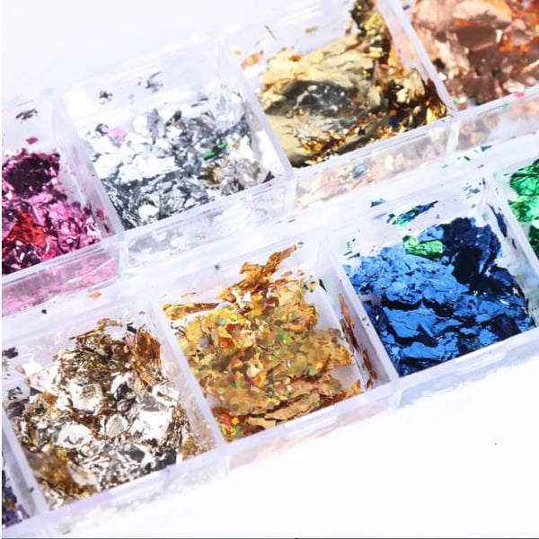 12 kameleonflak glitter i boks, Negledekorasjoner