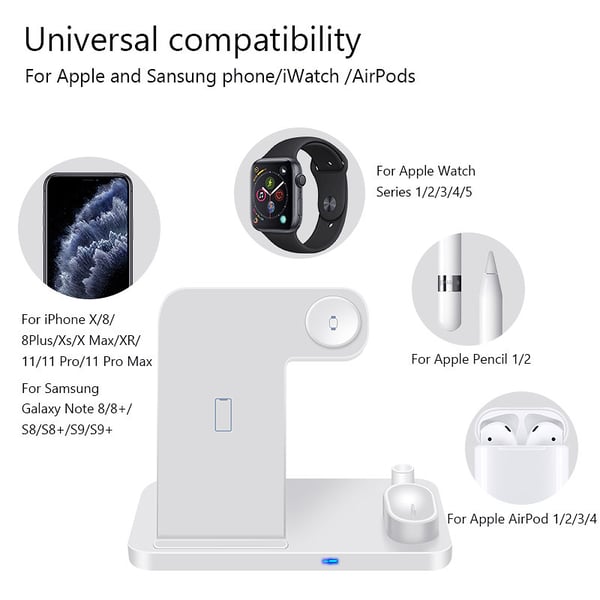 Hvit 4 - 1 ladestasjon for iPhone, Apple Watch, AirPods, Apple Pencil 1/2.