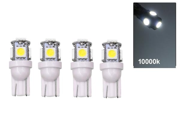 T10 w5w LED-polttimo, jossa 5 kpl 5050SMD-sirua, 10000K tyyli, 4 kpl pakkaus.