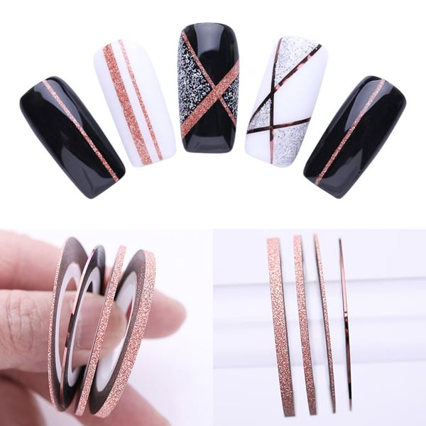4 ruller negletape - Rosé - Glitterstripetape