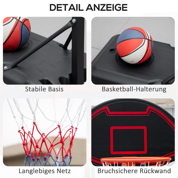 Basketballkurv med stativ, 73x49x195-250 cm, Sort