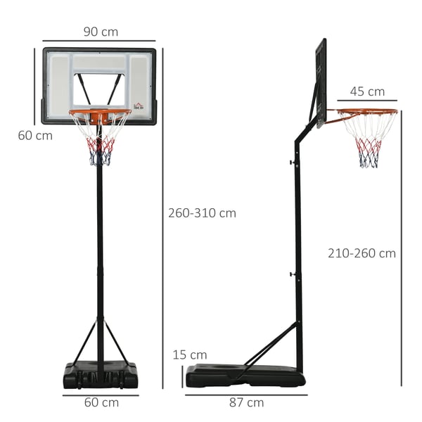 Koripallokori, Säädettävä korkeus 260-310 cm, Musta