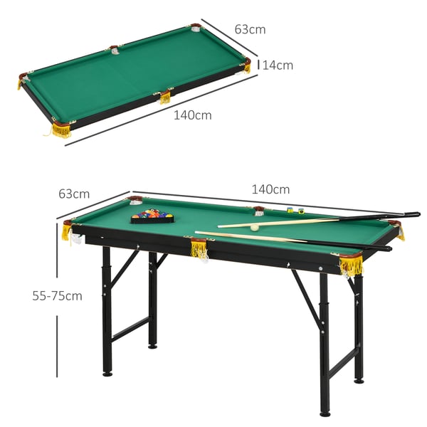 Sammenklappelig billardbord, 140x60x55-75 cm, grøn