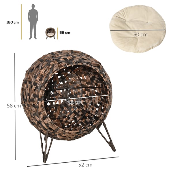 Katteseng, Rattan hævet katteseng, 52x58 cm, Brun